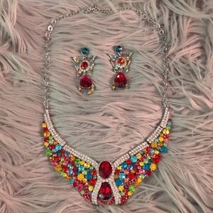Vintage Y2K  Rainbow Rhinestone Butterfly Necklace/Earrings